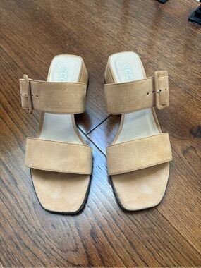 Ecco Women's Beige/Tan Double-Strap Leather Slide Sandals